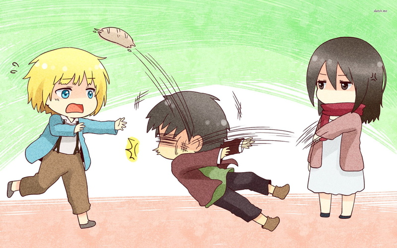1080P, Anime, Armin Arlert, Chibi, Mikasa Ackerman, Attack On Titan, Eren Yeager