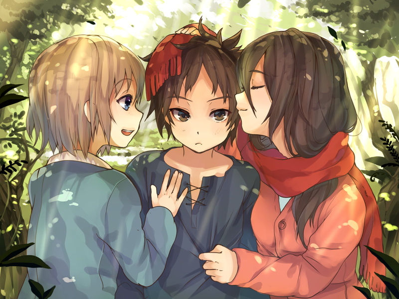 art and craft, front view, outdoors, people, togetherness, females, representation, innocence, Eren Yeager, child, Armin Arlert, childhood, Mikasa Ackerman