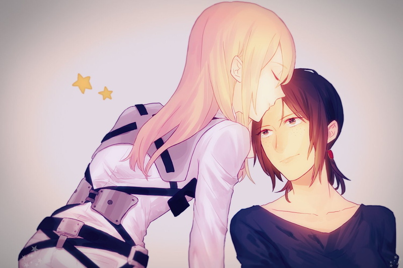 christa, awa, hair, eyes, kurusu, yuri, 720P, renz, kyojin, shingeki, girls, blonde, kiss, ymir, brown