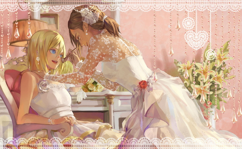 dress, bokeh, christa, flowers, yuukaku, blue, hair, wedding, brown, eyes, blonde, shingeki, girls, ymir, mood, renz, kyojin, 720P, rose