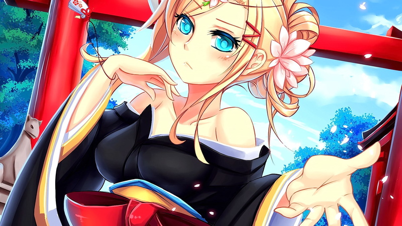 short hair, Asian architecture, looking at viewer, Shingeki no Kyojin, blonde, Leonheart Annie, clouds, kimono, 1080P, Japanese clothes, sky, anime, blue eyes