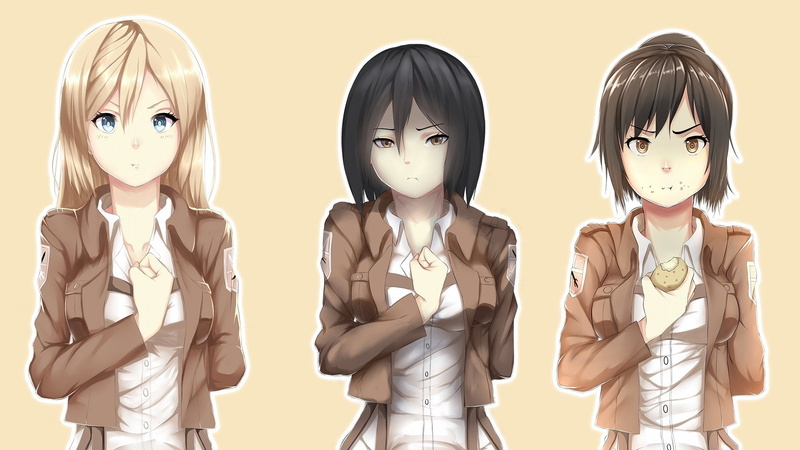 Shingeki No Kyojin, 1080P, Girl, Attack On Titan, Brown Eyes, Blue Eyes, Historia Reiss, Anime, Jacket, Brown Hair, Blonde, Black Hair, Sasha Blouse, Mikasa