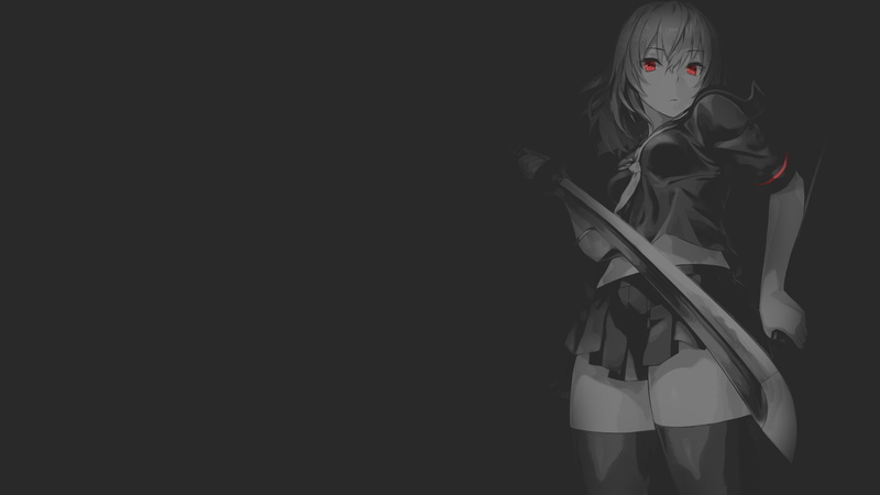 anime girls, anime, women, dark, 1080P, red, blades, white, sword, black