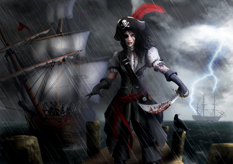 dark, black, women, pirate, girl, one Person, people, gloves, pirates, power, sea, illustration, rain, woman, art, blood, ships, headband, 2K, saber, cocked hat