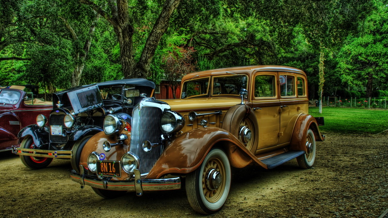 vehicle, vintage, plants, trees, red cars, car, Oldtimer, 2K, black cars, digital art