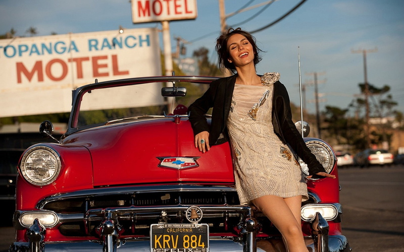 mode of transportation, transportation, adult, fashion, model, portrait, Oldtimer, young adult, women with cars, hairstyle, outdoors, happiness, closed eyes