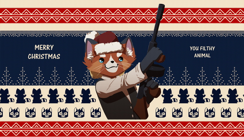 tail, women, tommy gun, furry, 2K, red panda, feretta, animal ears, Christmas