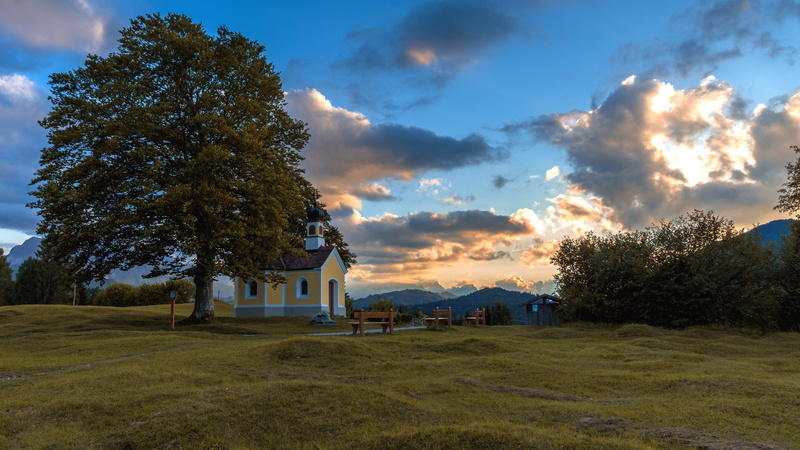 chapel, 2K, landscape, religion, germany, rural, outdoors, tranquil scene, plant, field, growth, building exterior, blue, summer, tree, building, maria rast