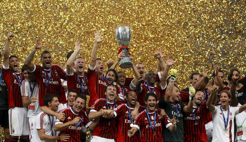 cup italy 2012, soccer, jersey, 4K, red, milan ac, scudetto, Milan, shield, pato, seedorf, gattuso