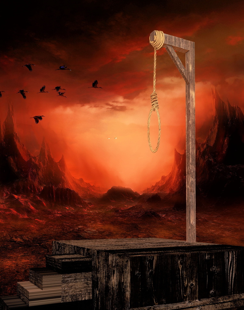 sky, brown, gallows, 1080P, cloud - sky, hanging, fantasy, depend, rope, capital punishment, flying, travel destinations, mountain, background, digital composite
