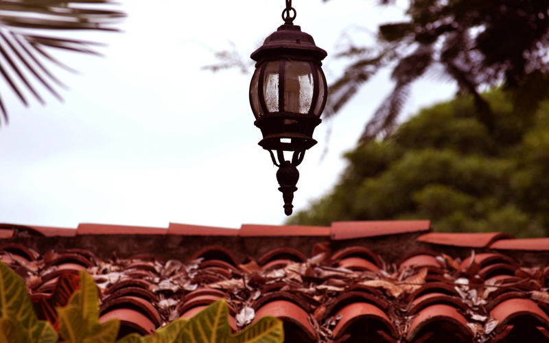 electric lamp, plant, building exterior, outdoors, roof tile, architecture, hd, day, lighting equipment, lantern, street, ornate, no people, street light