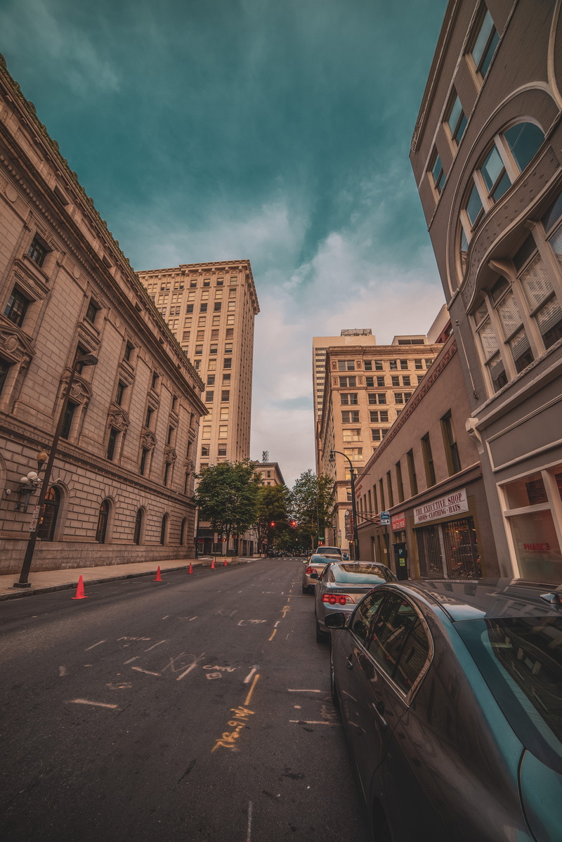 sky, nature, street, road, buildings, skyscrapers, building, mode of transportation, city, atl, 5K, downtown, architecture, day, building exterior, sign