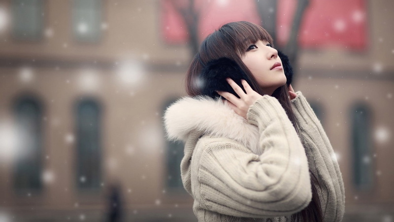 1080P, brunette, beauty, hair, one person, snowing, cold temperature, clothing, looking away, teenager, urban, beautiful woman, waist up, standing, Asian