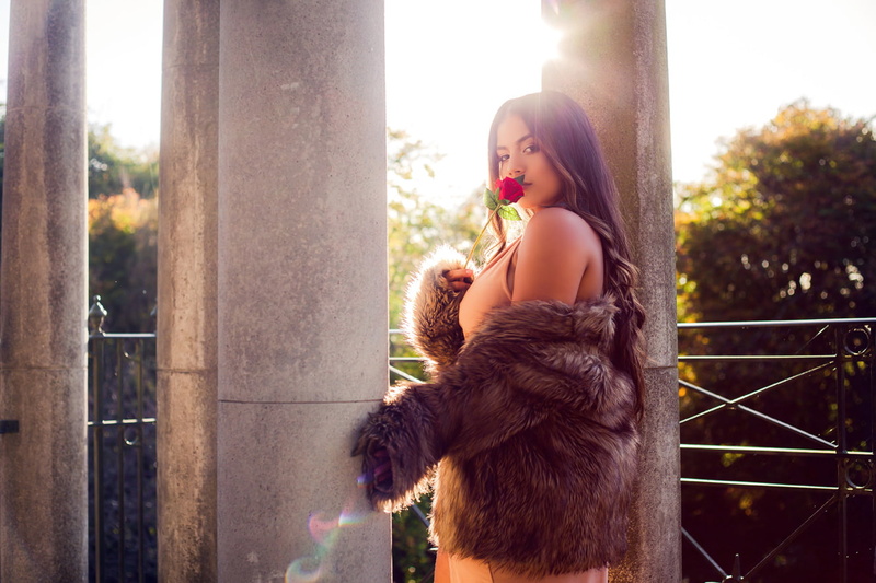 brunette, looking at viewer, 720P, women, rose, women outdoors, long hair, fur coats