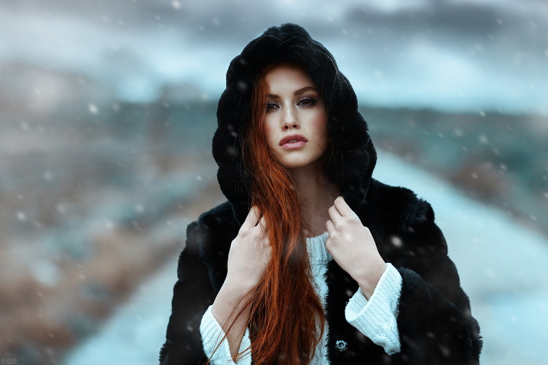 beautiful woman, young adult, beauty, women, looking at camera, hoods, portrait, depth of field, young women, Valentina Galassi, Alessandro Di Cicco, redhead