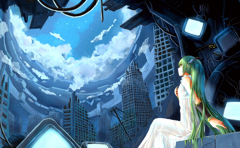 power lines, anime girls, Hatsune Miku, 4K, ruins, Vocaloid, anime