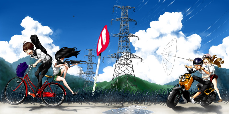 motorcycle, nature, crash helmet, street, men, outdoors, land vehicle, people, city, lifestyles, riding, sky, anime girls, full length, real people, cloud - sky