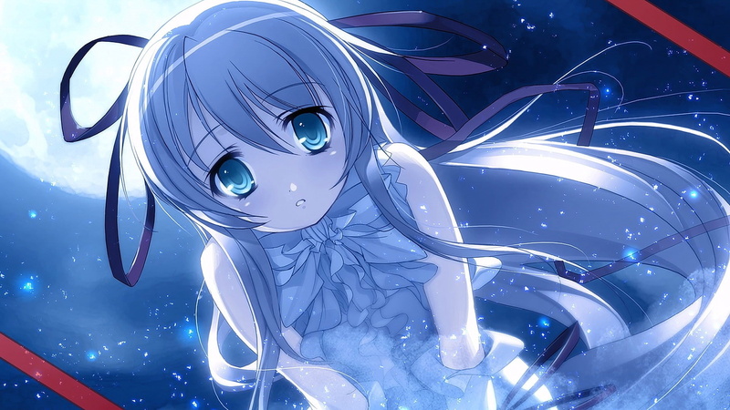 sky, looking at viewer, technology, human representation, blue, representation, long hair, man made object, art and craft, nature, Moon, blue eyes, anime girls