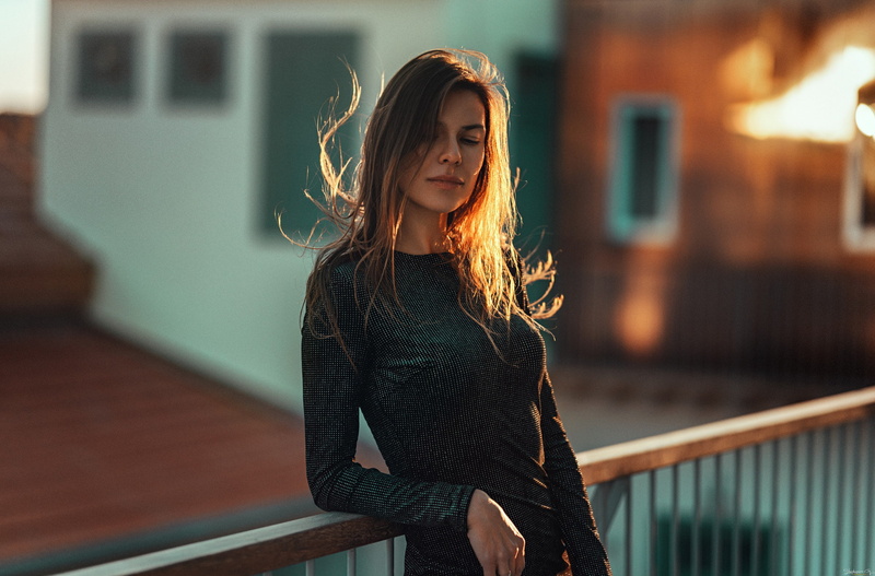 women, black dress, blonde, wind, long hair, brunette, sunset, sunlight, 1080P, portrait, depth of field, face, hair in face, women outdoors, Stephanos Georgiou