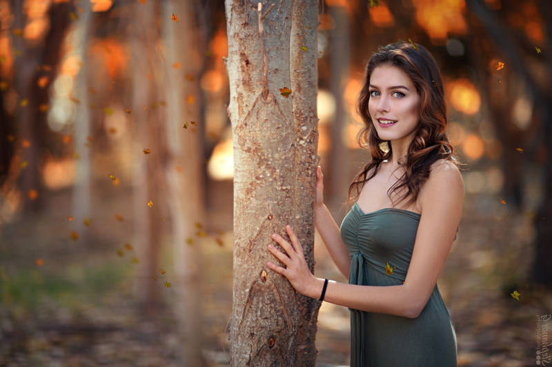 portrait, 1080P, dress, Bare Shoulders, No Bra, Women Outdoors, brunette, Depth Of Field, Stephanos Georgiou, smiling, blue eyes, women