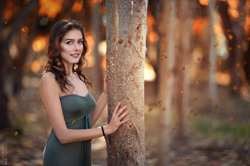 women outdoors, bare shoulders, dress, 1080P, women, no bra, portrait, blue eyes, smiling, Stephanos Georgiou, depth of field, brunette