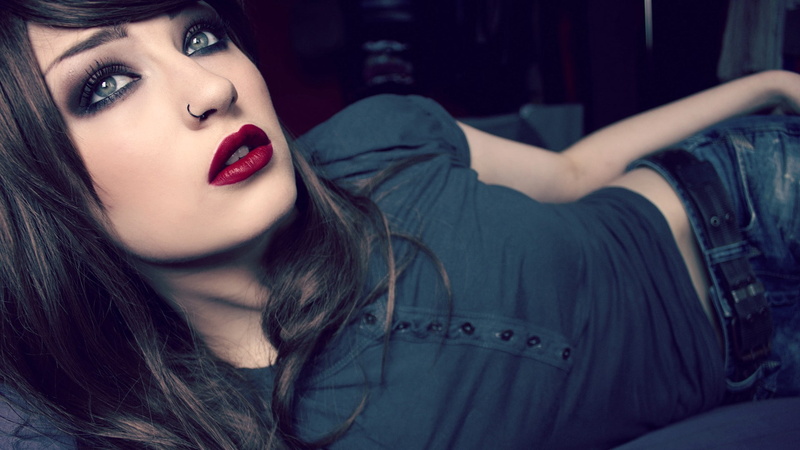 nose rings, women, 1080P, lying down, makeup, red lipstick, Niky Von Macabre, lolina green, blue eyes, brunette