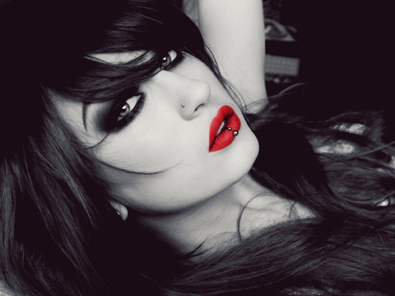 Niky Von Macabre, face, portrait, selective coloring, red lipstick, BloodViktoria, model, pierced lip, lolina green, women, 1080P