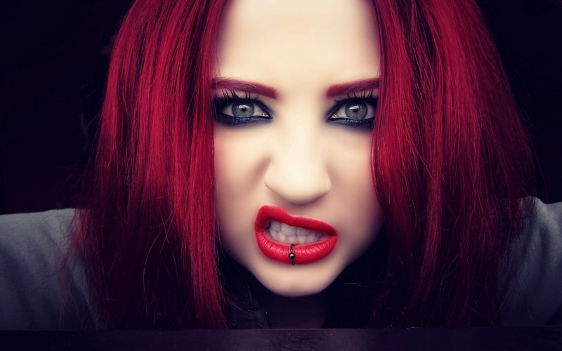 lip ring, makeup, redhead, teeth, 2K, eyeshadow, Niky Von Macabre, model, red lipstick, women, green eyes, lolina green, piercing, face