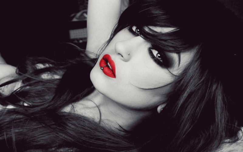 human hair, red, young adult, human lips, front view, women, young women, lipstick, human face, hair, niky von macabre women piercing nose rings red lipstick dark eyes selective coloring face