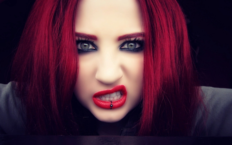 2K, women, Niky Von Macabre, Red Lipstick, Green Eyes, redhead, teeth, Piercing, Lip Ring