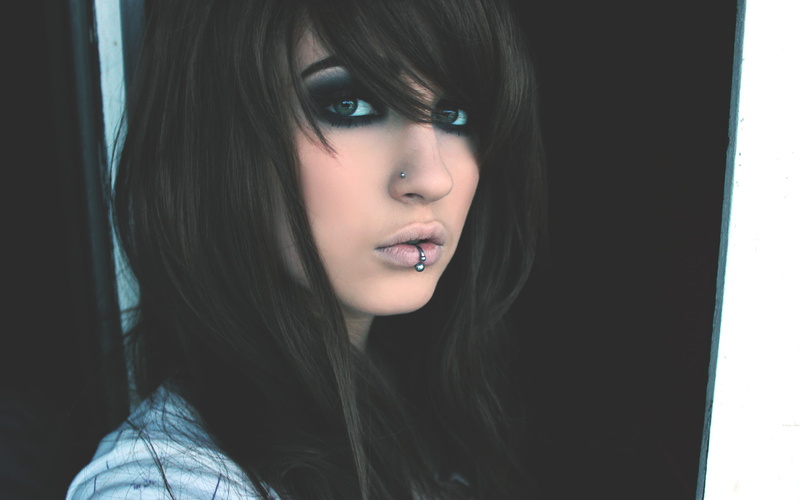 hairstyle, young women, women, lifestyles, bangs, close-up, piercing, beautiful woman, young adult, headshot, black background, one person, contemplation