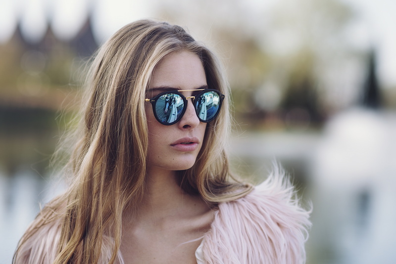 Anastasia Vervueren, open mouth, women, portrait, Pink jacket, sunglasses, blonde, bokeh, 5K