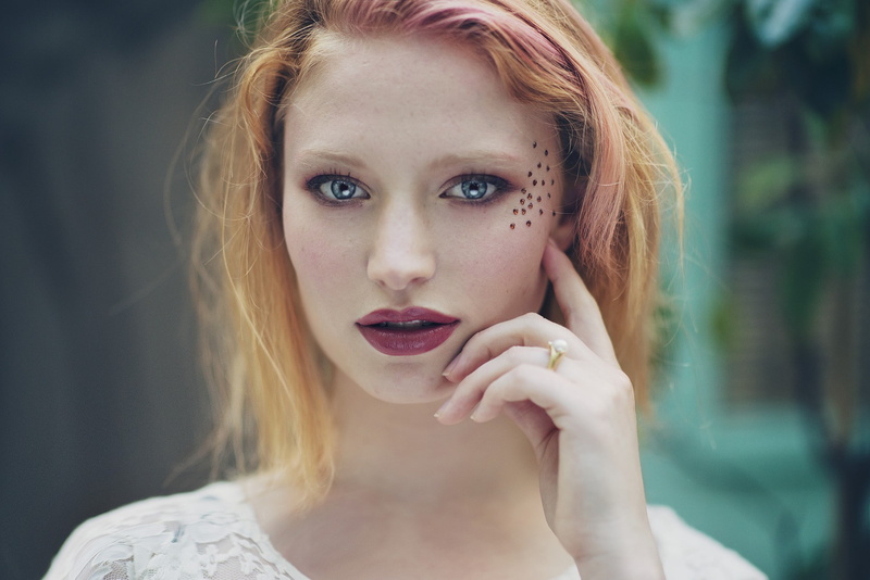 red lipstick, redhead, pale, portrait, blue eyes, face, makeup, looking at viewer, 1080P, women, hand on face, Anastasia Vervueren, women outdoors