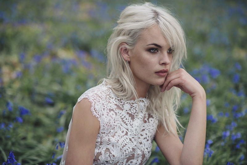 profile, hand on face, Anastasia Vervueren, white dress, platinum blonde, blue eyes, model, depth of field, 5K, portrait, women