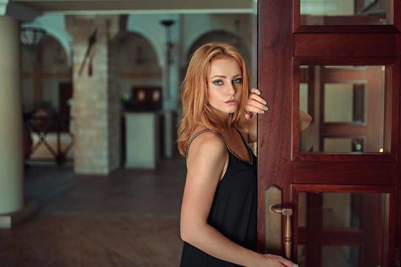 redhead, women, 1080P, blue eyes, side view, standing, face, portrait, looking at viewer, black clothing, Stephanos Georgiou
