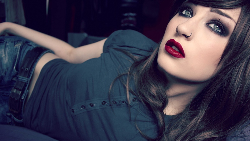 brunette, blue eyes, Niky Von Macabre, 1080P, Red Lipstick