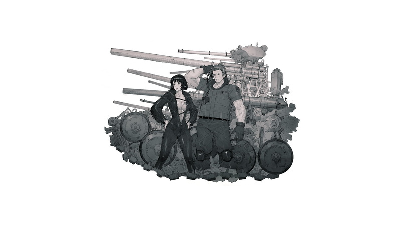 anime, gun, government, no people, studio shot, tank, sky, armed forces, anime girls, military, clear sky, destruction, the past, building exterior, white background