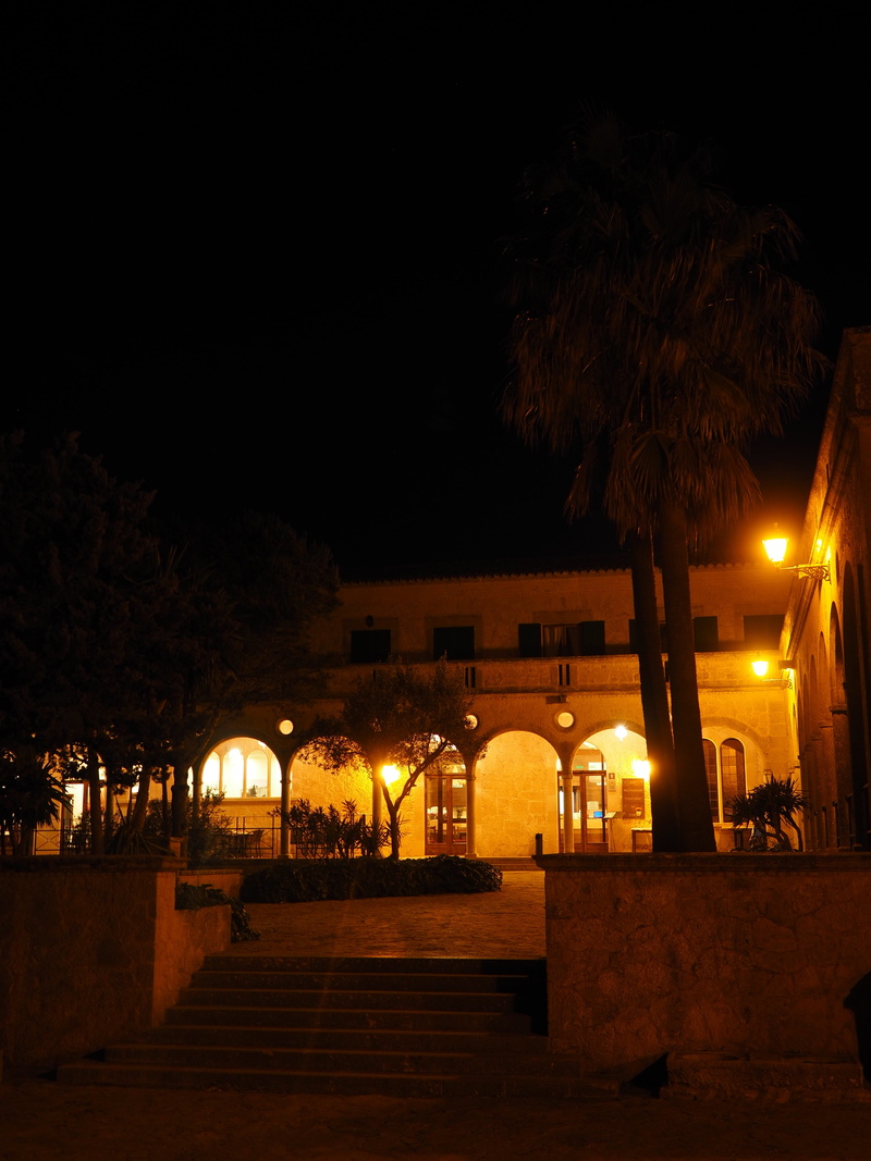 balearic islands spain, hof, building, street light, night, no people, plant, monastery cura, building exterior, monastery, courtyard, architecture, 4K