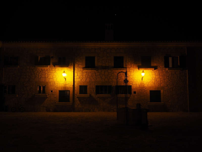 built structure, yellow, house, franciscan monastery, lighting equipment, lamp glow, lamps, no people, mallorca, light - natural phenomenon, at night, street