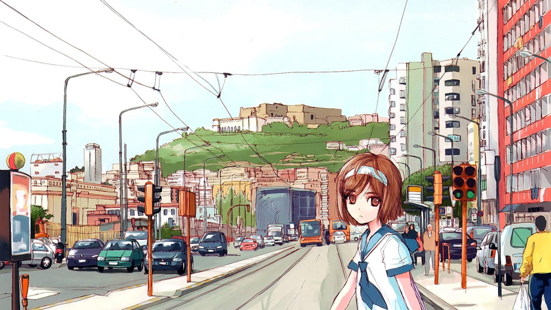 1080P, built structure, city, architecture, nature, cable, car, looking at viewer, street, brunette, power line, road, building exterior, anime, electricity
