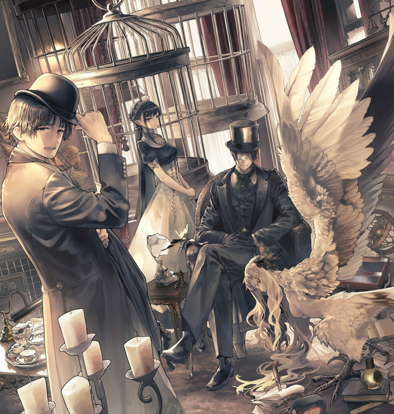 headwear, indoors, two people, black gloves, adult, jacket, standing, people, wings, real people, harpy, bangs, day, cages, clothing, men, black hair, architecture