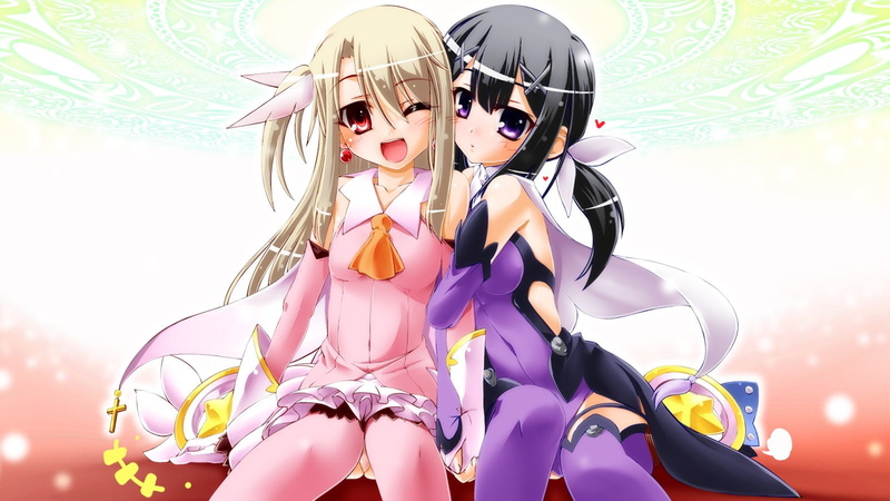 cross, blonde, dress, black, red, von, 720P, edelfelt, eyes, illyasviel, hisame, wink, miyu, hair, purple, girls, einzbern, blush, long, ponytail, genta