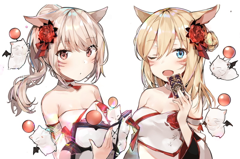 konachan, blonde, final, fantasy, long, catgirl, blush, tattoo, brown, kurut, moogle, ponytail, miqote, animal, white, com, ears, 720P, aqua, hair, eyes