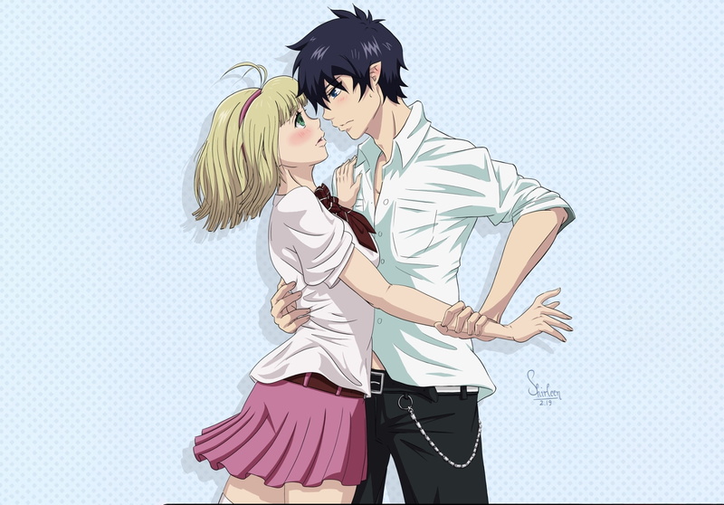 Skirt, Green Eyes, Blue Exorcist, Blue Eyes, Boy, Black Hair, Anime, Girl, Pointed Ears, Blush, Ao No Exorcist, Rin Okumura, Shiemi Moriyama, 1080P, Blonde