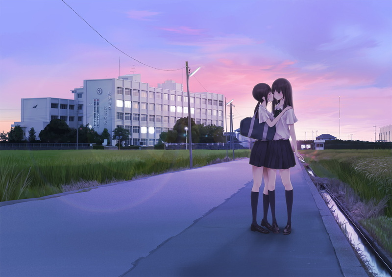 original, kneehighs, building, scenic, girls, blush, sunset, chiku wa, long, 720P, eyes, black, yuri, hair, ponytail, kiss