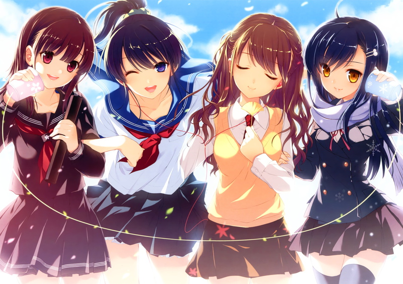 Original, Skirt, Brown Hair, 4K, Short Hair, Thigh Highs, Smile, Girl, Wink, Blush, Long Hair, School Uniform, Red Eyes, Yellow Eyes, Ribbon, Ponytail