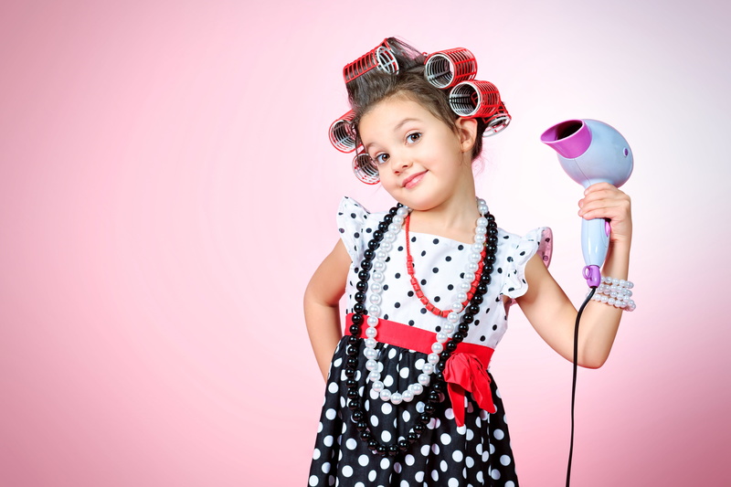 holding, polka dot, decoration, childhood, s, sleeved, Hairdryer, square, smile, front view, face, white, innocence, child, clothing, indoors, polka, beautiful woman