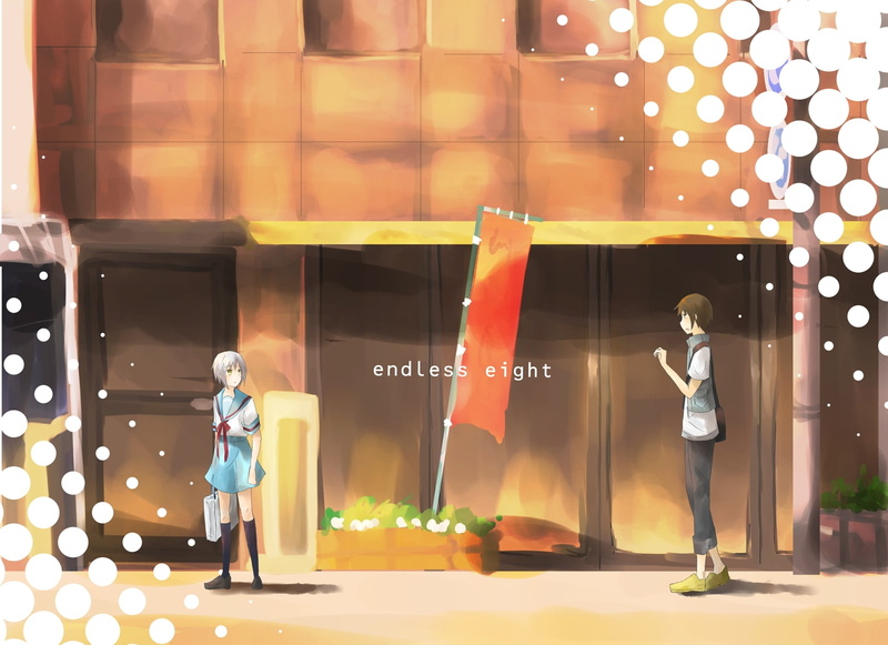 full length, Kyon, standing, outdoors, transparent, built structure, window, illuminated, consumerism, store window, city, Nagato Yuki, leisure activity