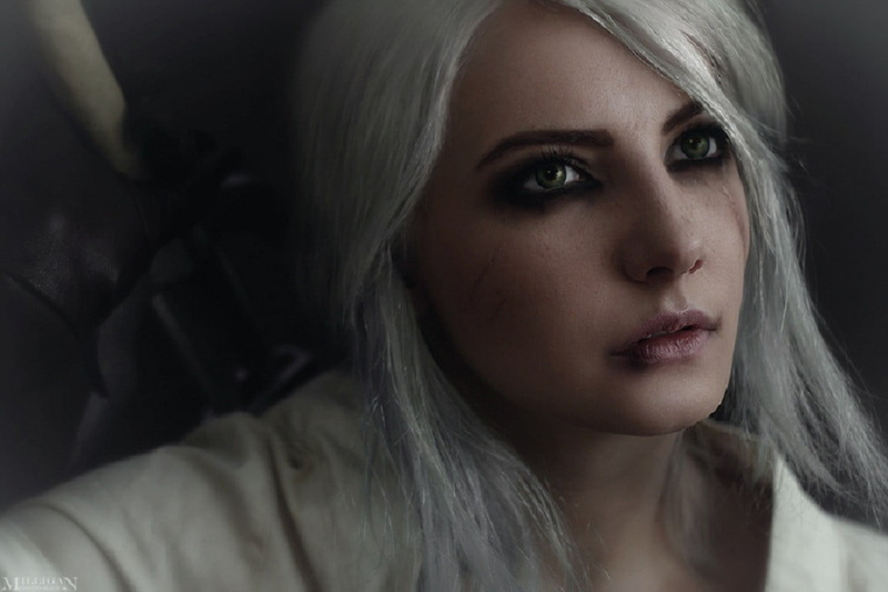 white, indoors, The Witcher, body part, portrait, close-up, hair, young adult, sadness, cosplay, teenager, beautiful woman, blond hair, adult, dress, Cirilla Fiona Elen Riannon