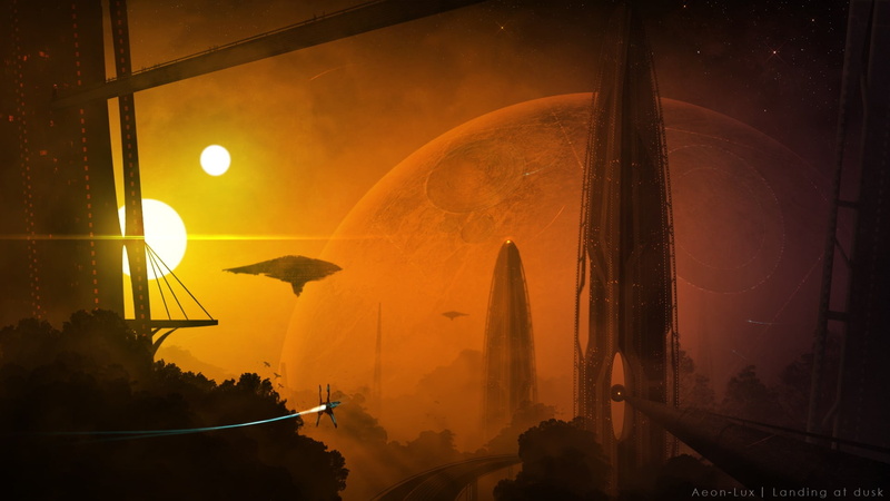 1080P, orange color, futuristic, sky, moon, lens flare, artwork, transportation, beauty in nature, science fiction, outdoors, water, built structure, tree